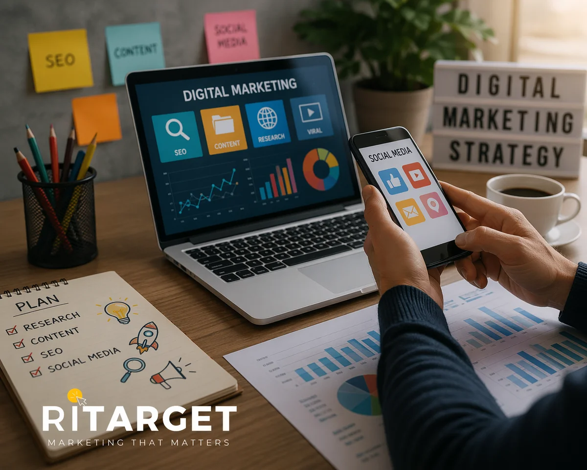 איור של אסטרטגיית שיווק דיגיטלי עם אייקונים של רשתות חברתיות, מנועי חיפוש ופרסום מקוון