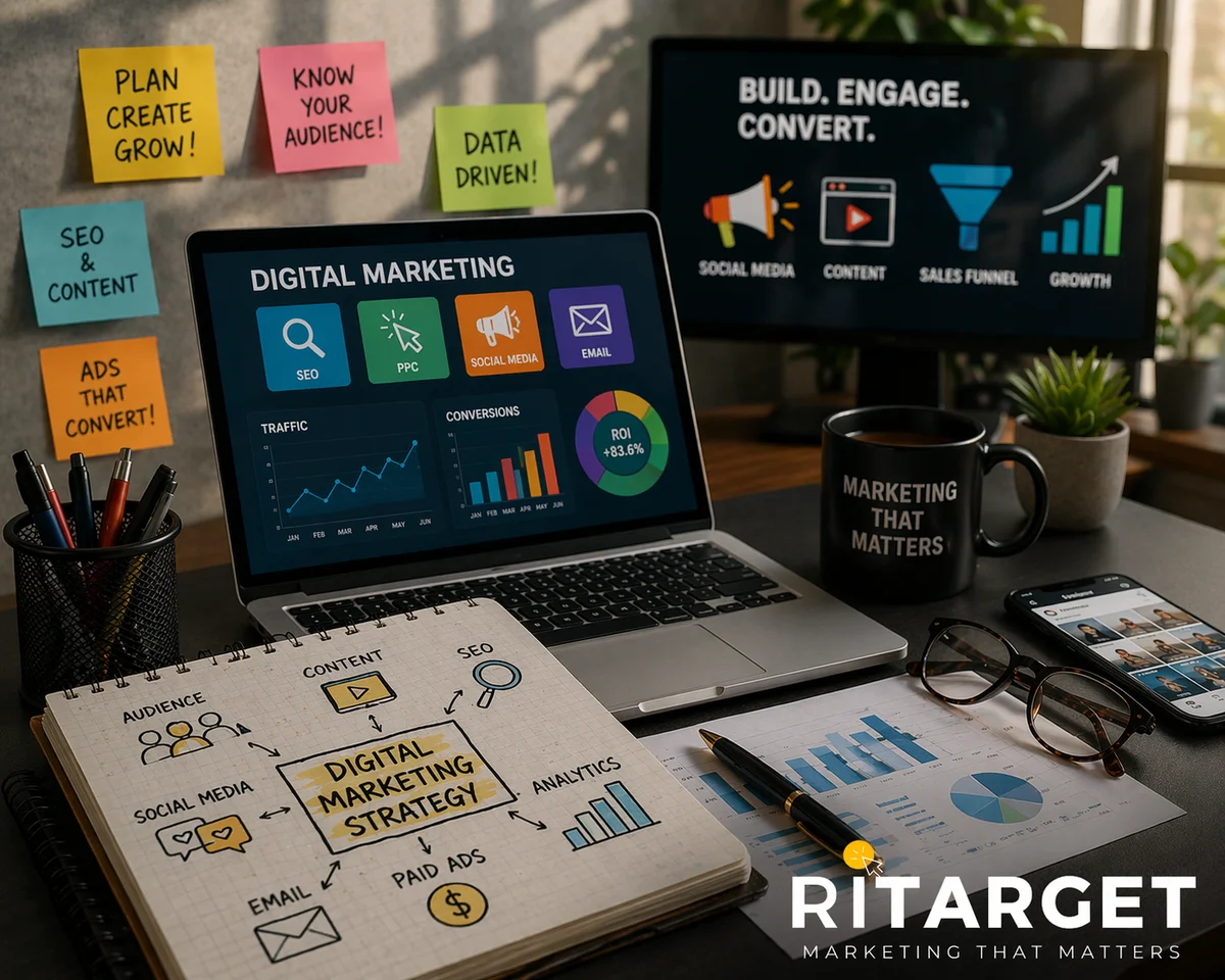 איש עסקים מחשב תקציב שיווק דיגיטלי על מחשב נייד עם גרפים ונתונים