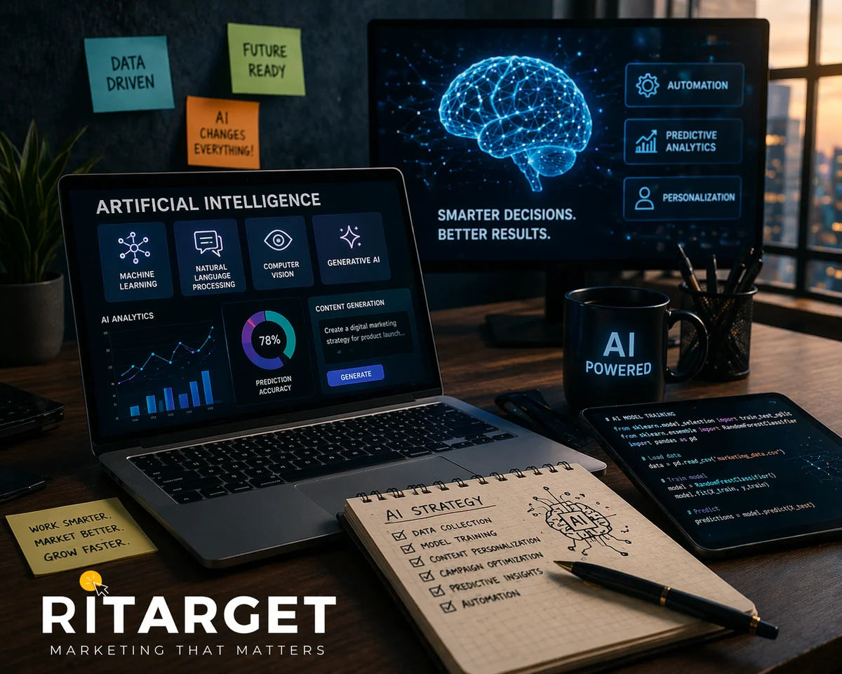 איור של מהנדס פרומפטים עובד עם ממשק בינה מלאכותית על מסך מחשב, עם אייקונים דיגיטליים מסביב