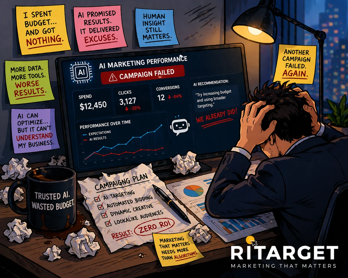 אדם מתוסכל יושב מול מחשב עם כלי בינה מלאכותית שמציגים תוצאות לא מספקות