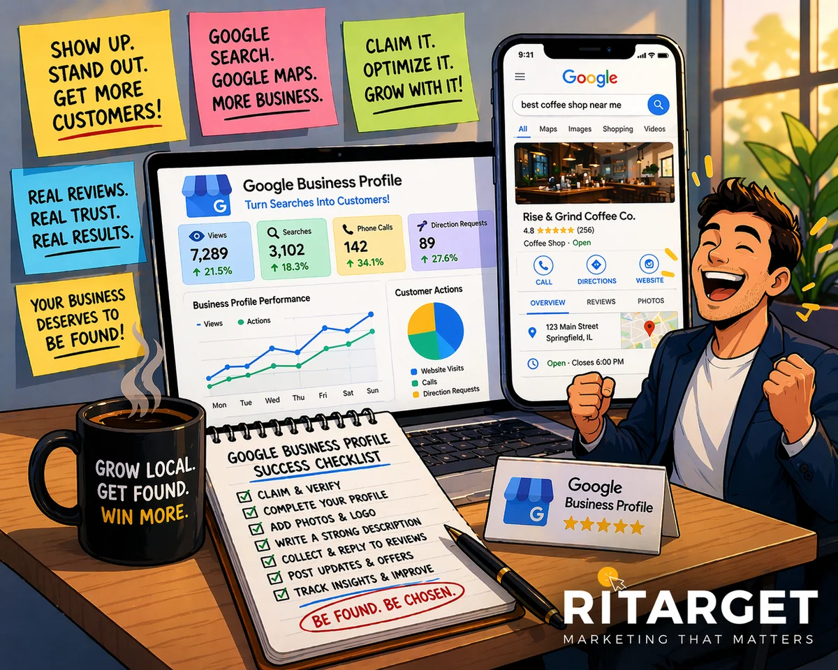 ממשק Google Business Profile עם מפה ופרטי עסק מוצגים על מסך מחשב וסמארטפון