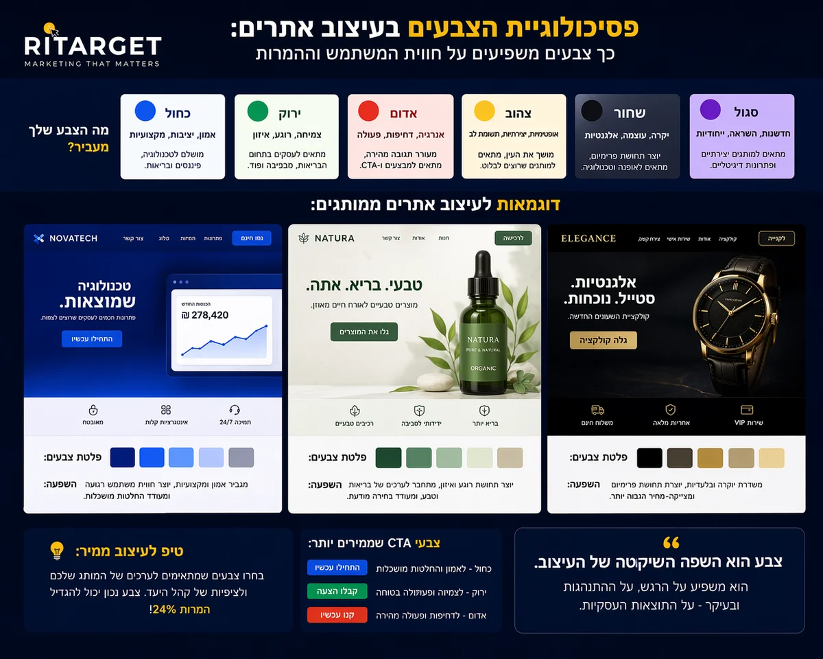 פלטת צבעים עם דוגמאות לעיצוב אתרים ממותגים המדגימה את השפעת פסיכולוגיית הצבעים על חווית המשתמש
