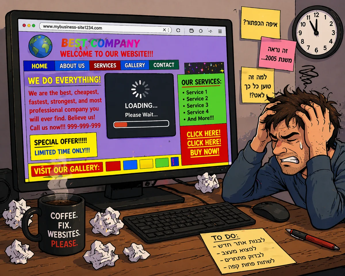 איור של משתמש מתוסכל יושב מול מחשב עם אתר עם עיצוב גרוע וזמן טעינה איטי