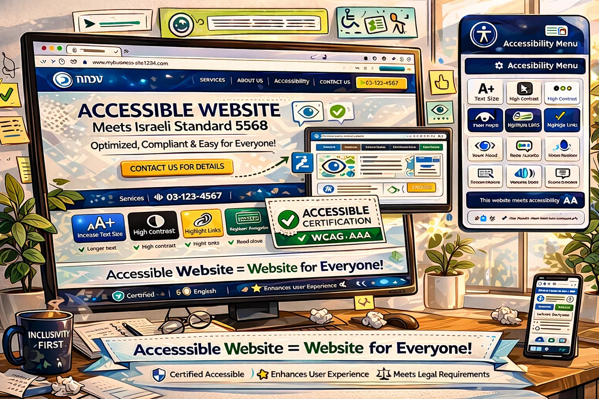 איור של צ'קליסט נגישות דיגיטלית עם סימני וי ליד מחשב, המייצג בדיקת נגישות אתרים לפי התקן הישראלי
