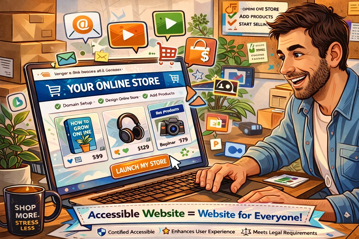 איור של בעל עסק פותח חנות אונליין על מחשב נייד עם סמלי עגלת קניות ומוצרים דיגיטליים