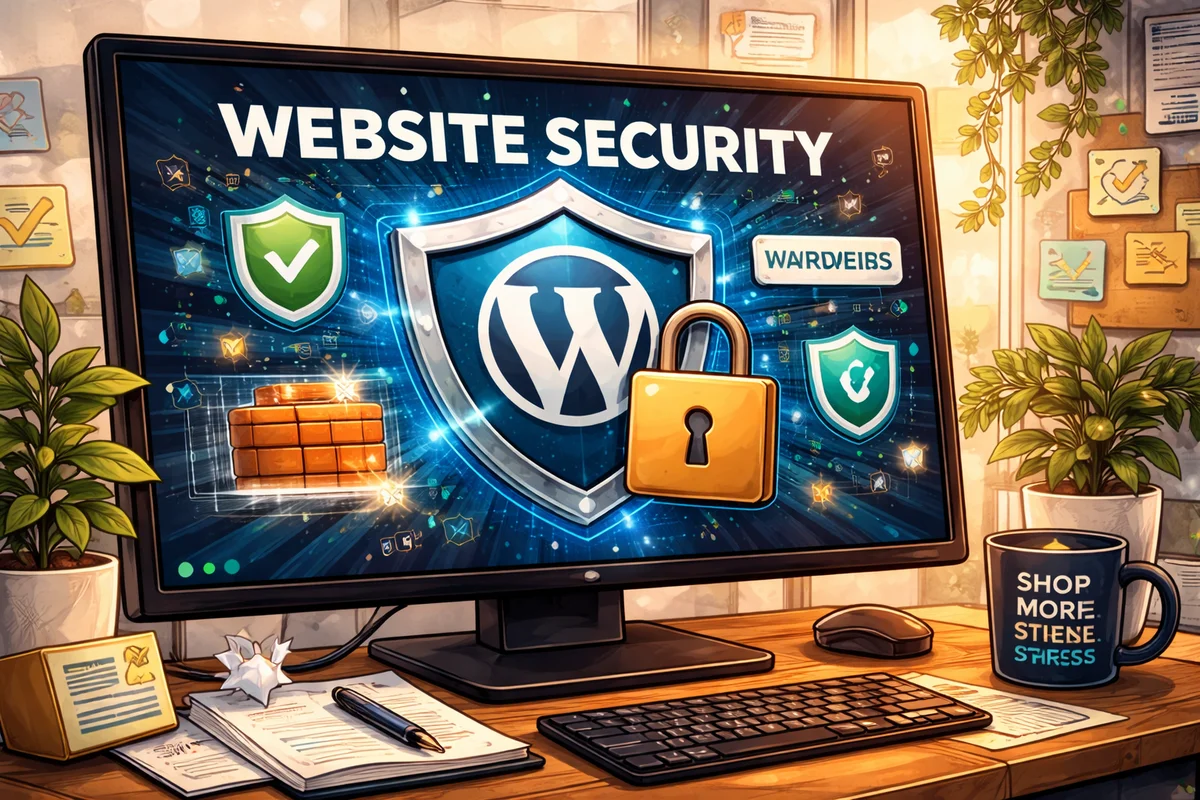 מסך מחשב עם סמל מנעול ומגן המסמל אבטחת אתר WordPress