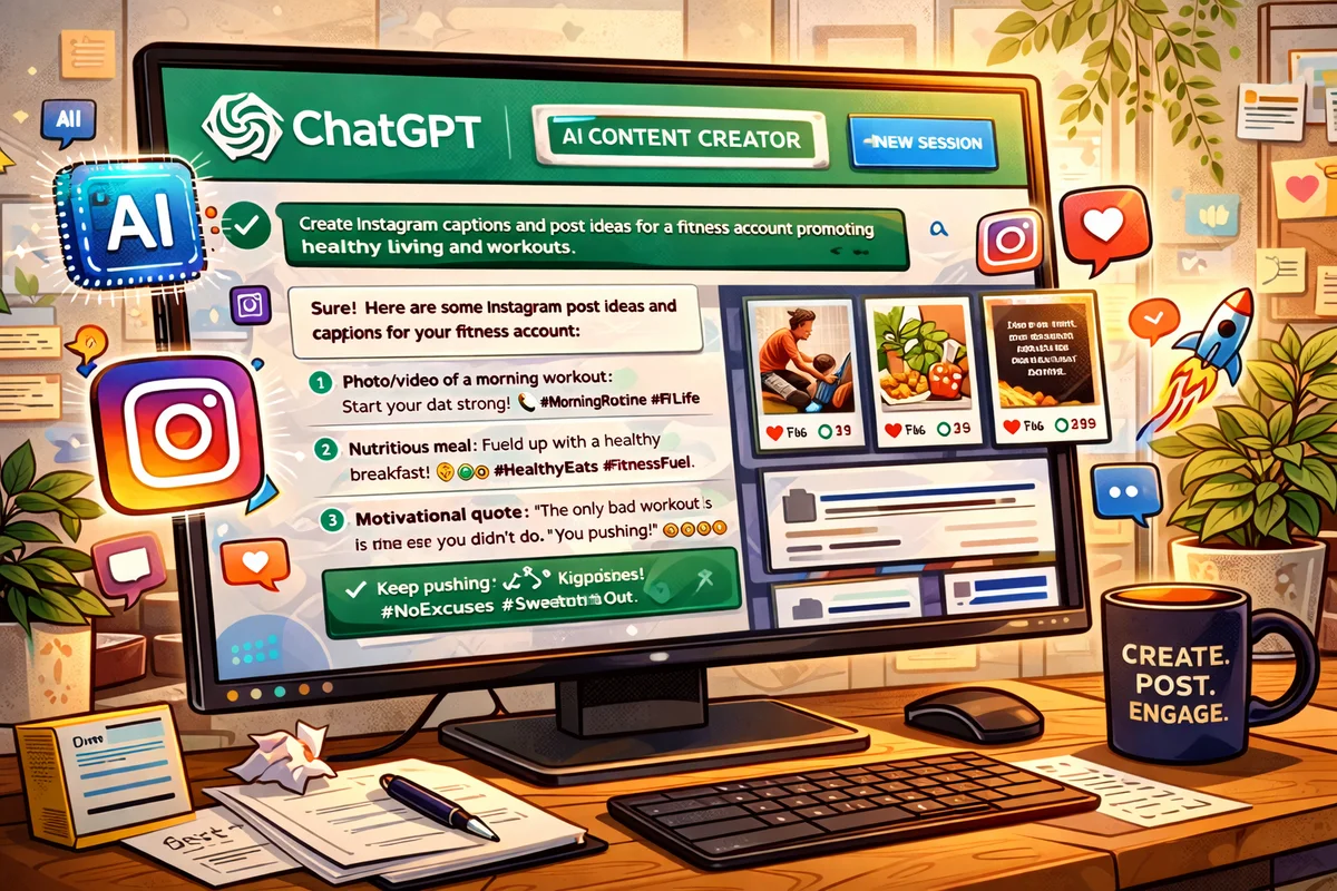 מסך מחשב עם ממשק ChatGPT ליצירת תוכן לאינסטגרם, אייקונים של אינסטגרם ו-AI