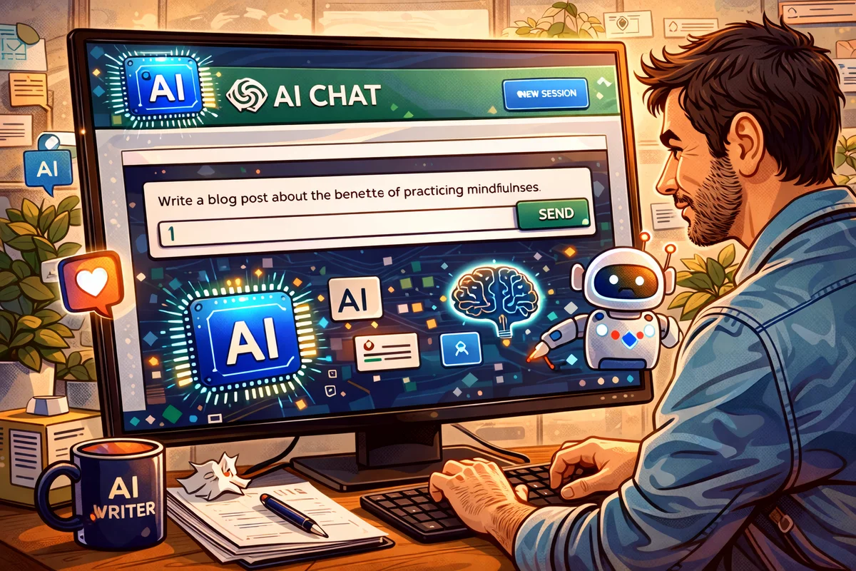 אדם יושב מול מחשב וכותב פרומפט לבינה מלאכותית עם סמלי AI מסביב
