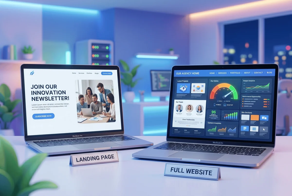 השוואה בין דף נחיתה לאתר אינטרנט — מחשב נייד ועיצוב ממשק משתמש